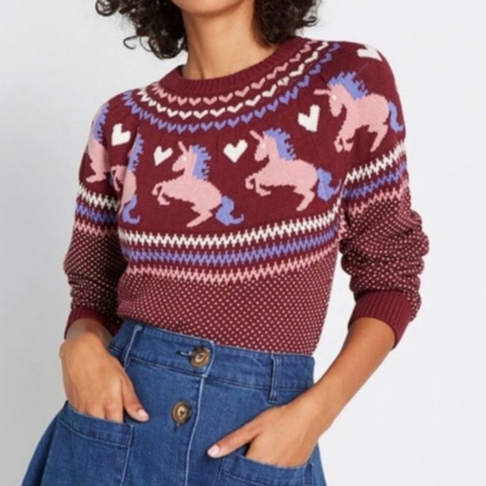 Modcloth Burgundy Unicorn Sweater